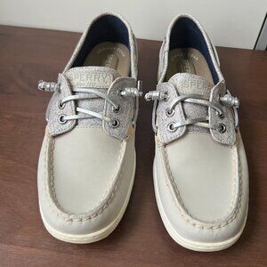 Sperry Top Sider Boat Shoes - Silver and Beige Sparkle Suede